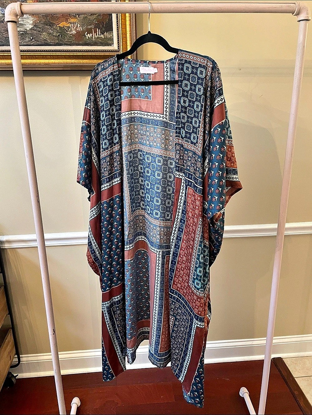 Pink Lily Printed Maxi Shaw Blue, Red, Brown Size Medium